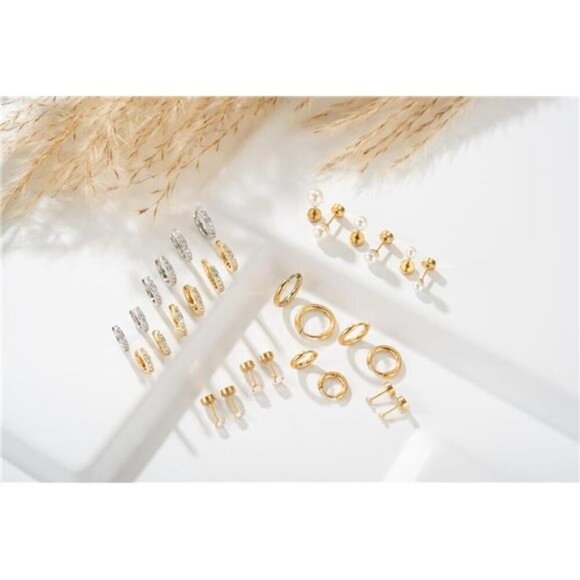 12 Pairs Gold & Silver Hoop, CZ, and Pearl Stud Earring Set Minimalist Style - Picture 5 of 6